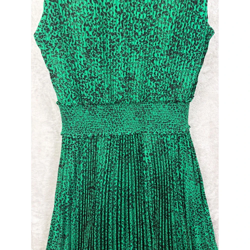 Nanette Lepore Green Leopard Print Pleated Mock Neck Smocked Midi Dress Size 12 - Picture 10 of 14